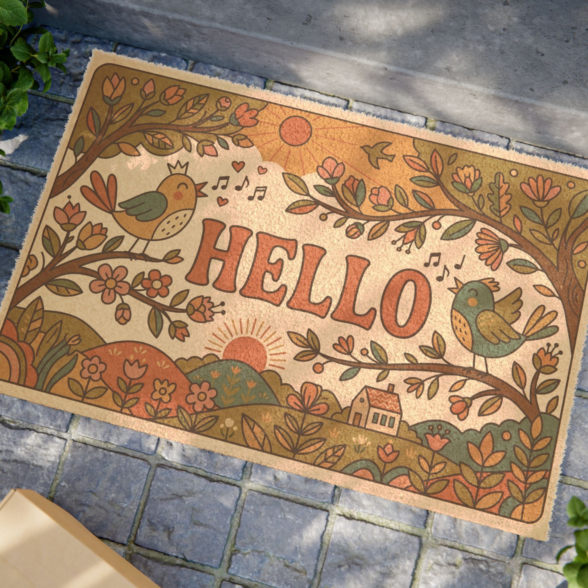 Retro 70s Hello Sunshine Singing Birds Doormat