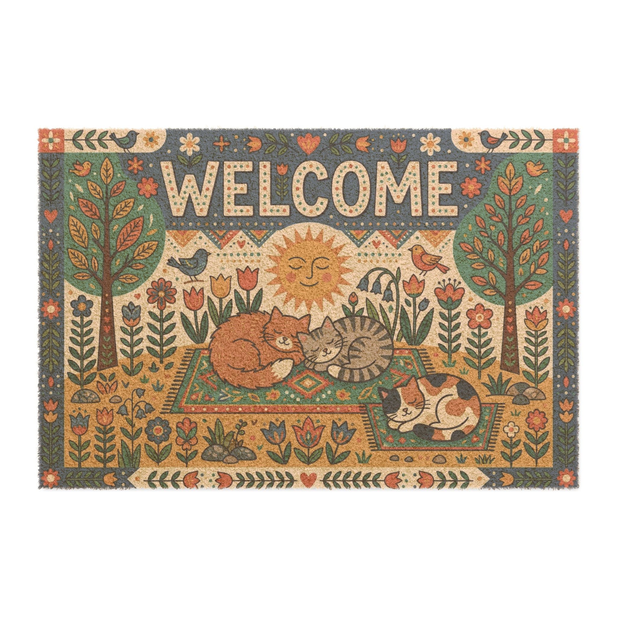 Scandi Folk Art Cozy Sleeping Cats Welcome Mat