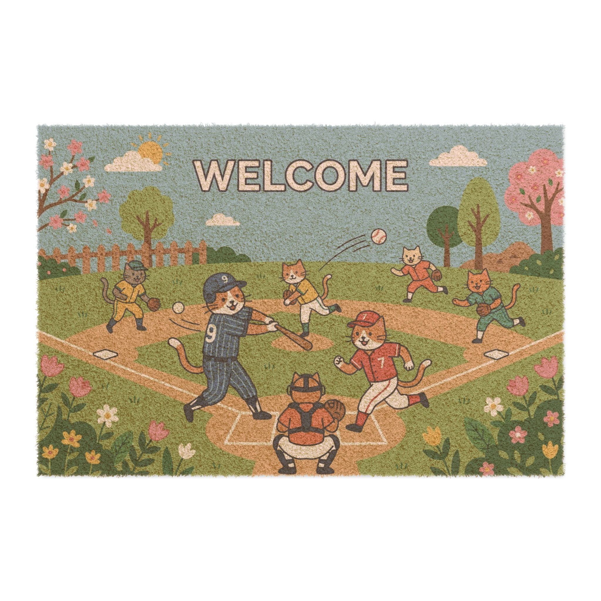Play Ball! Springtime Cats Welcome Mat