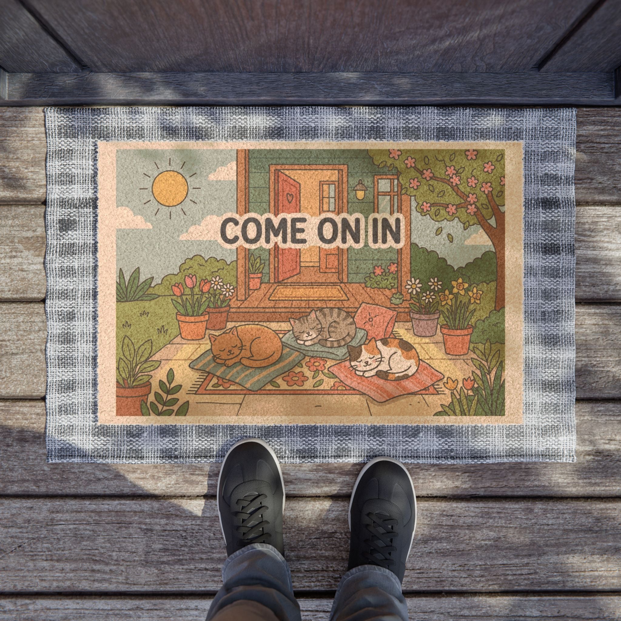 Springtime Sun-Napping Cats Doormat