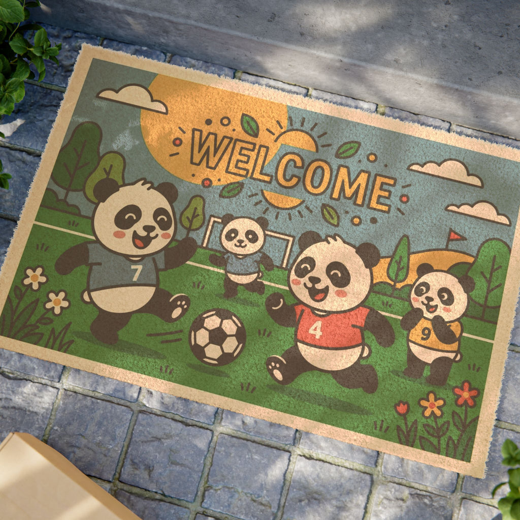 Playful Pop Art Soccer Pandas Welcome Doormat
