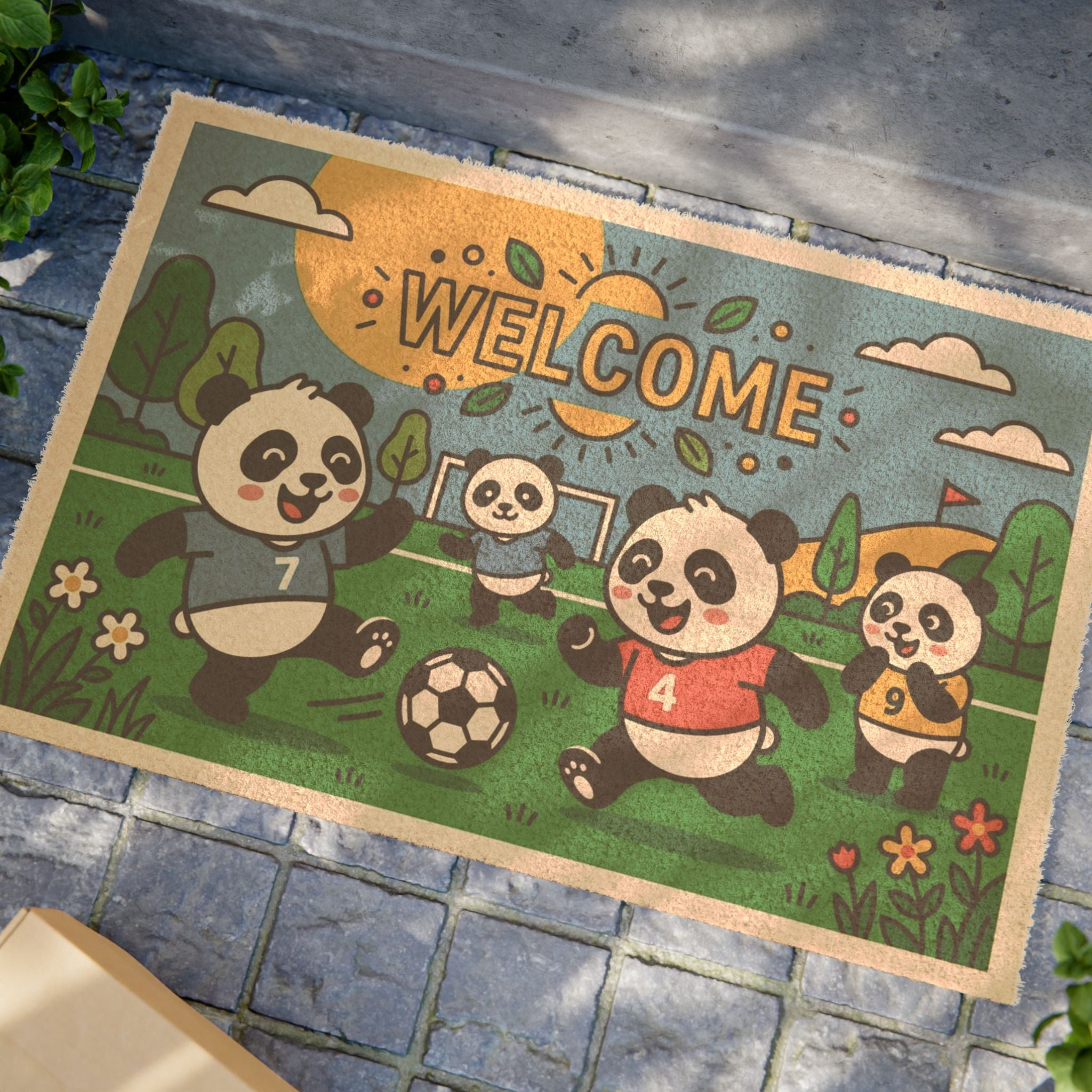 Playful Pop Art Soccer Pandas Welcome Doormat