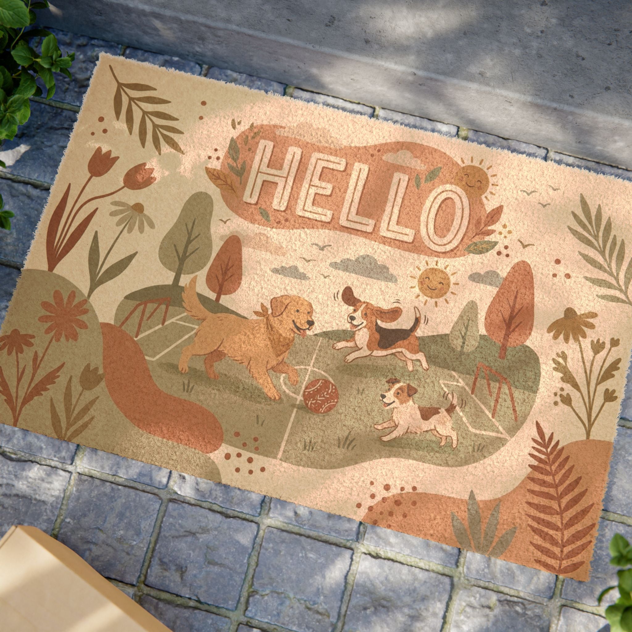 Boho Spring Soccer Pups Welcome Doormat