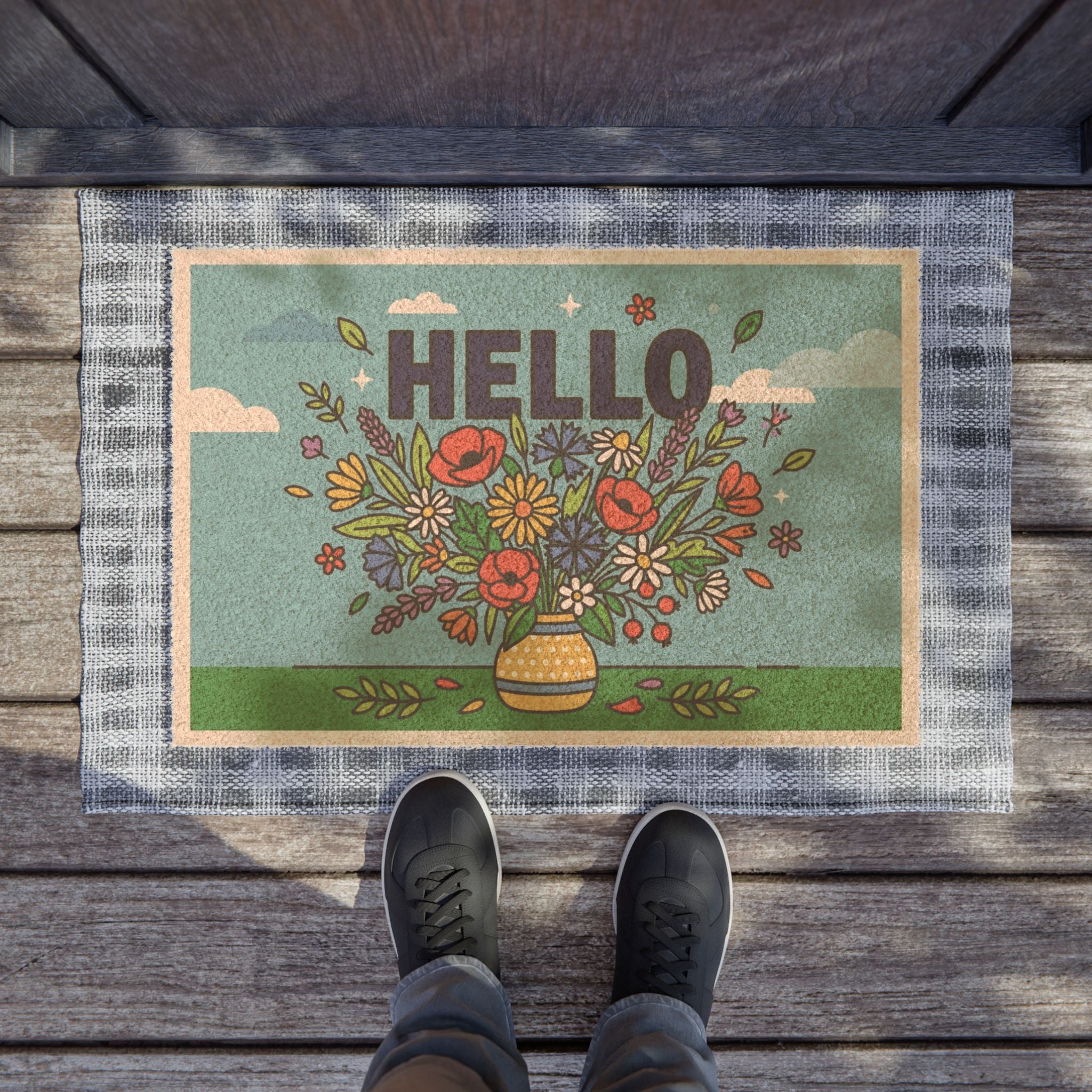 Cheerful Pop Art Wildflowers Hello Doormat