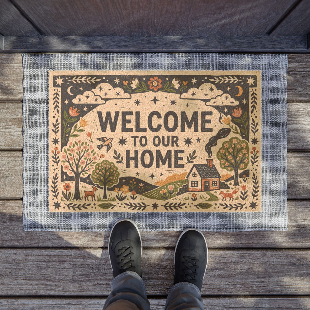 Cozy Folk Linocut Cottage Welcome Doormat
