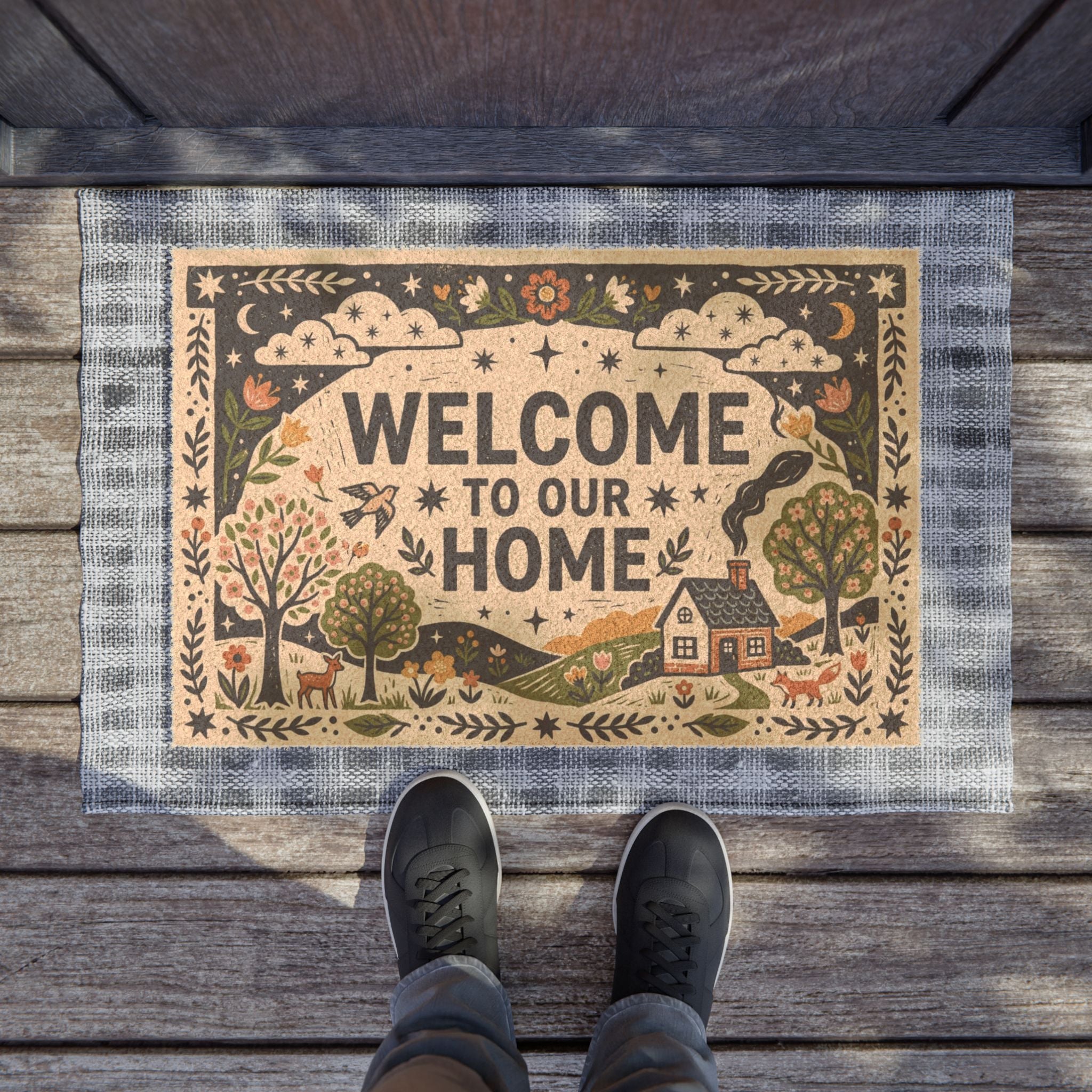Cozy Folk Linocut Cottage Welcome Doormat