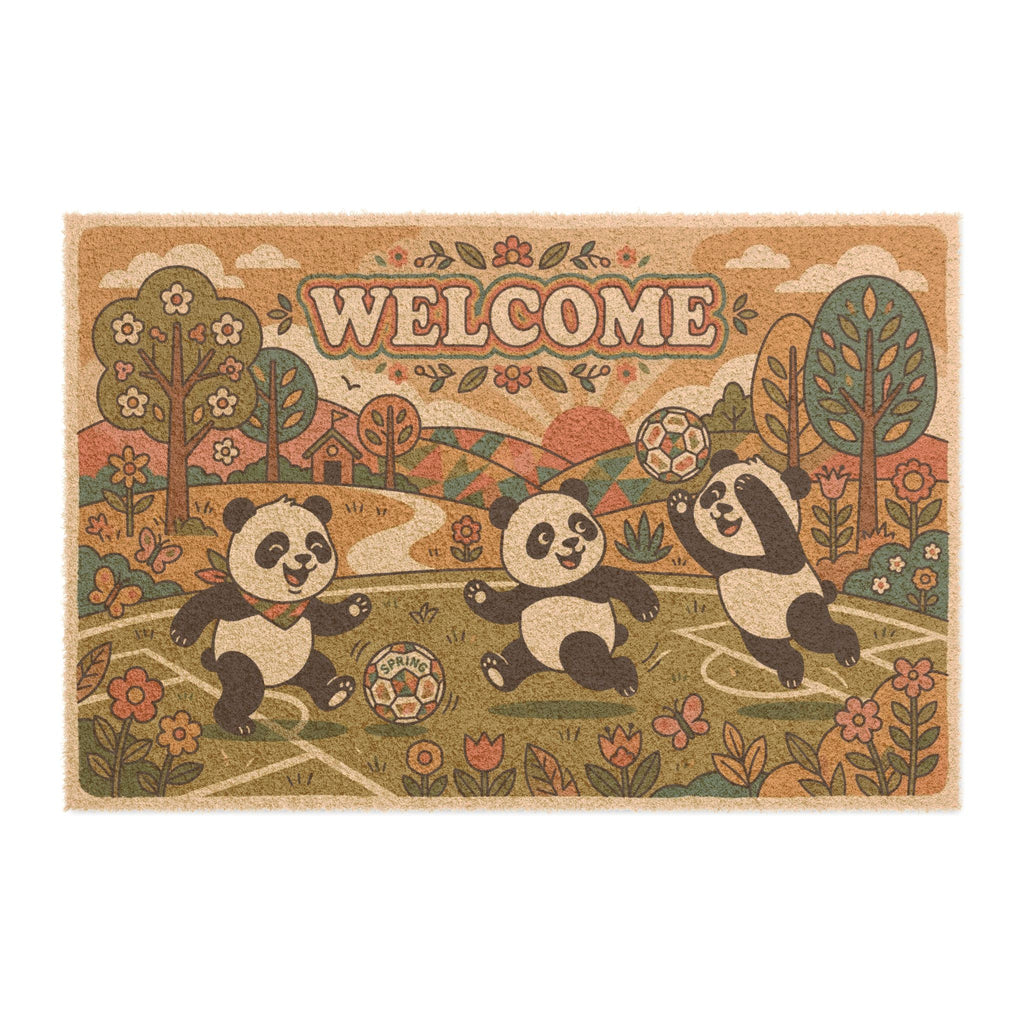 Groovy Retro Pandas Spring Soccer Welcome Mat