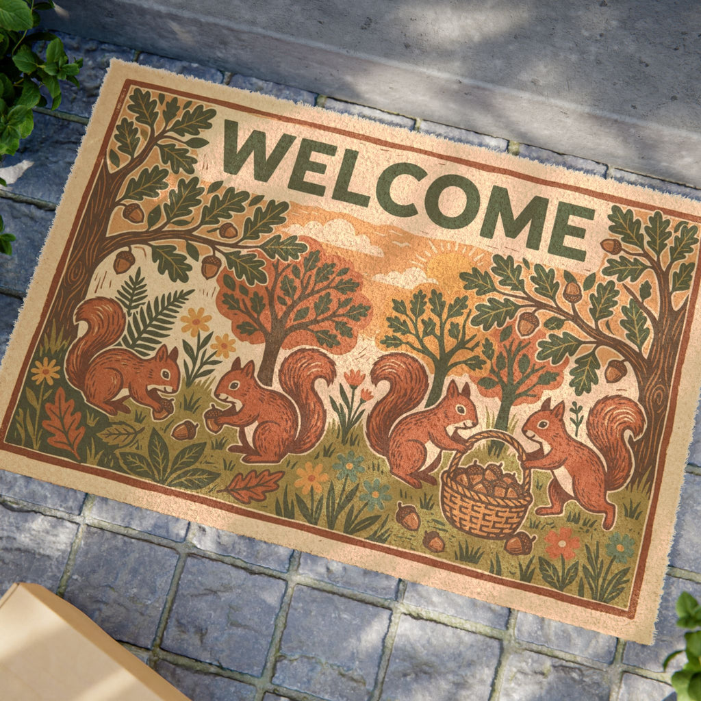 Cozy Linocut Woodland Squirrels Welcome Mat