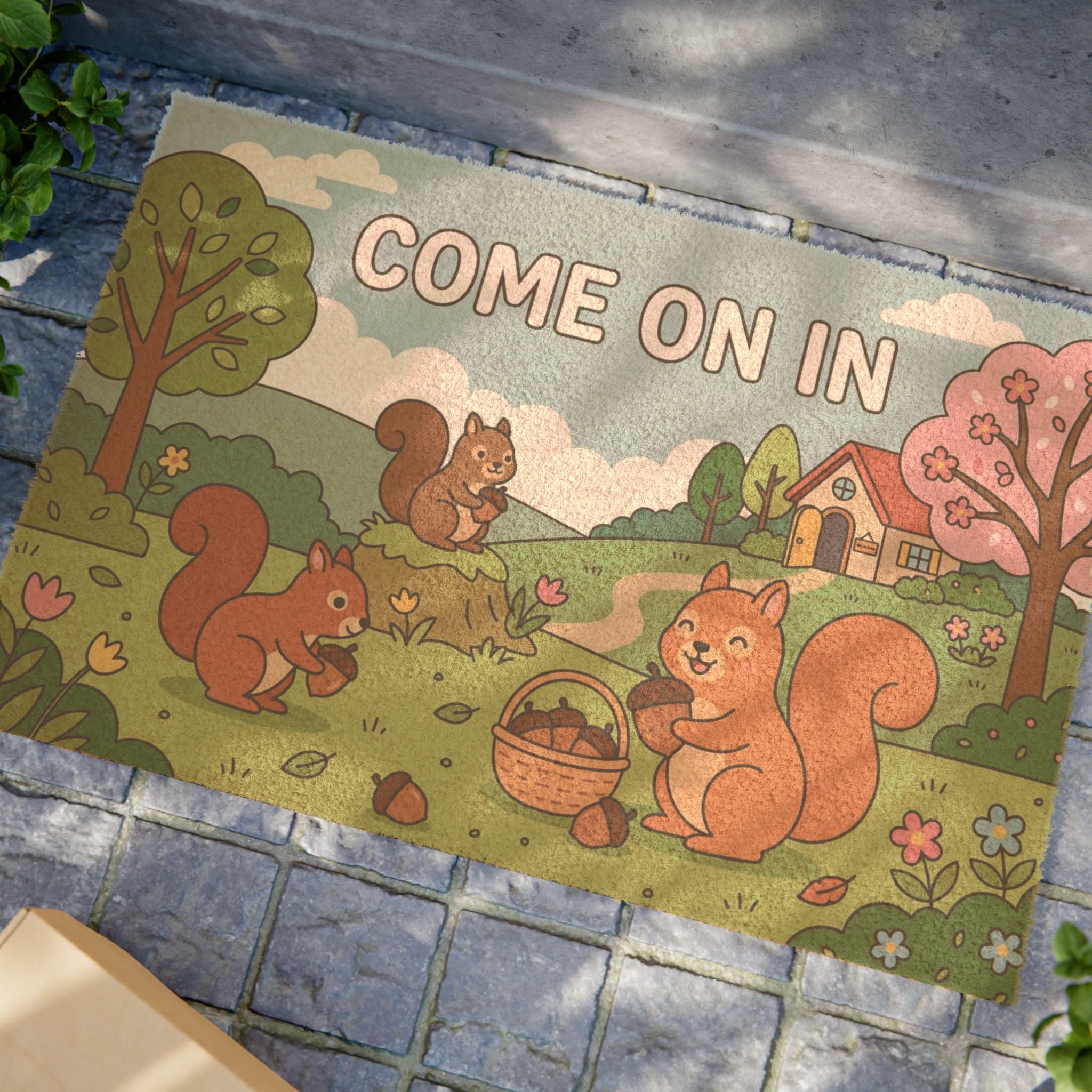 Happy Squirrels Spring Welcome Mat