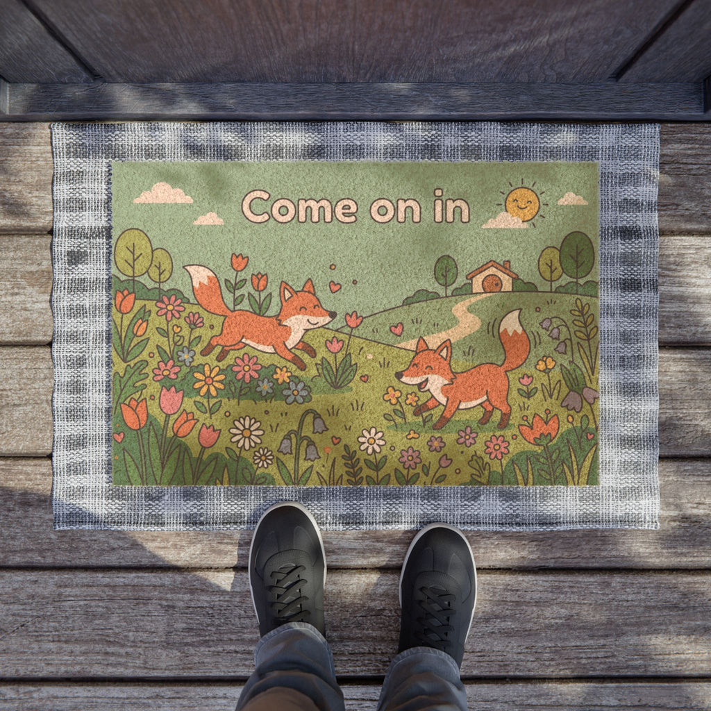 Playful Spring Foxes Welcome Doormat