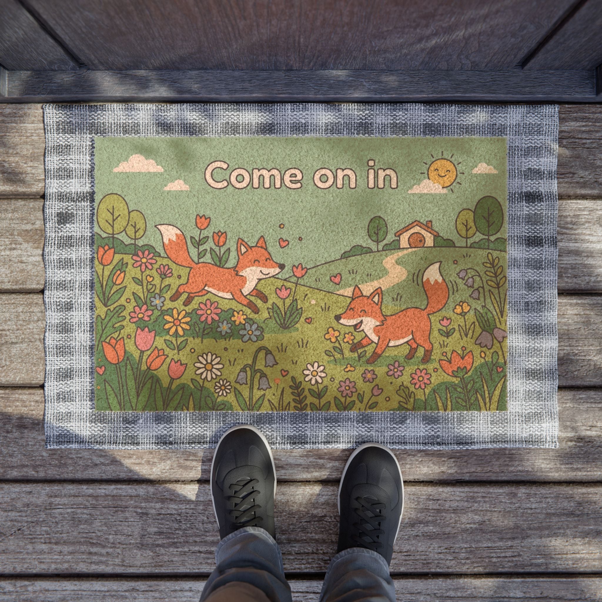 Playful Spring Foxes Welcome Doormat