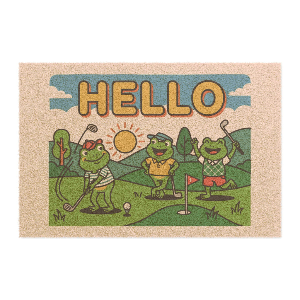Bold Pop Art Hello Golfing Frogs Doormat
