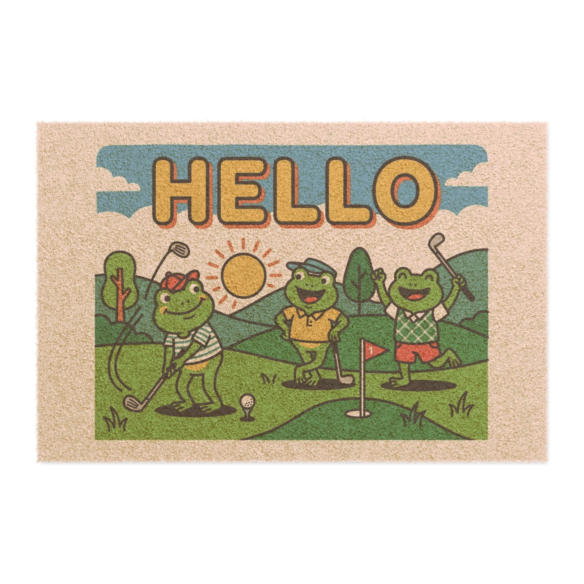 Bold Pop Art Hello Golfing Frogs Doormat