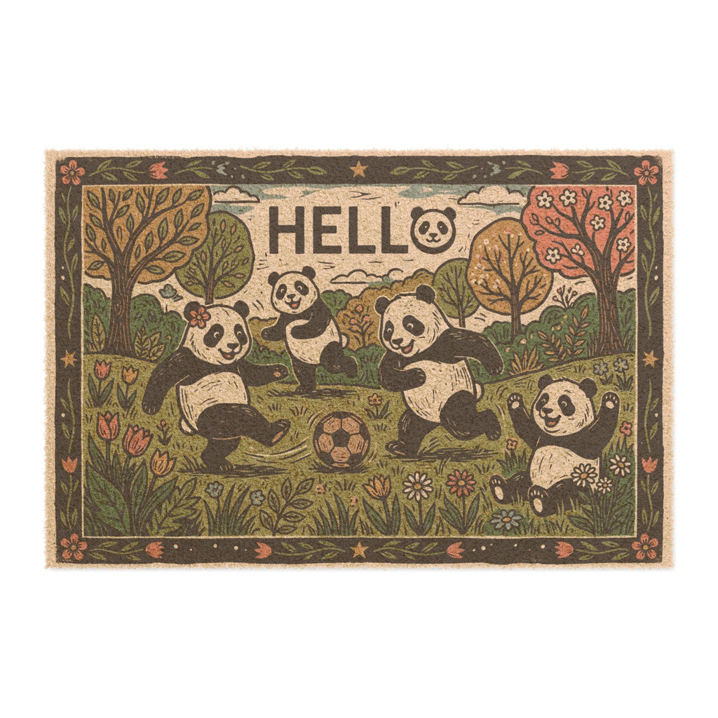 Retro Linocut Spring Pandas Soccer Doormat