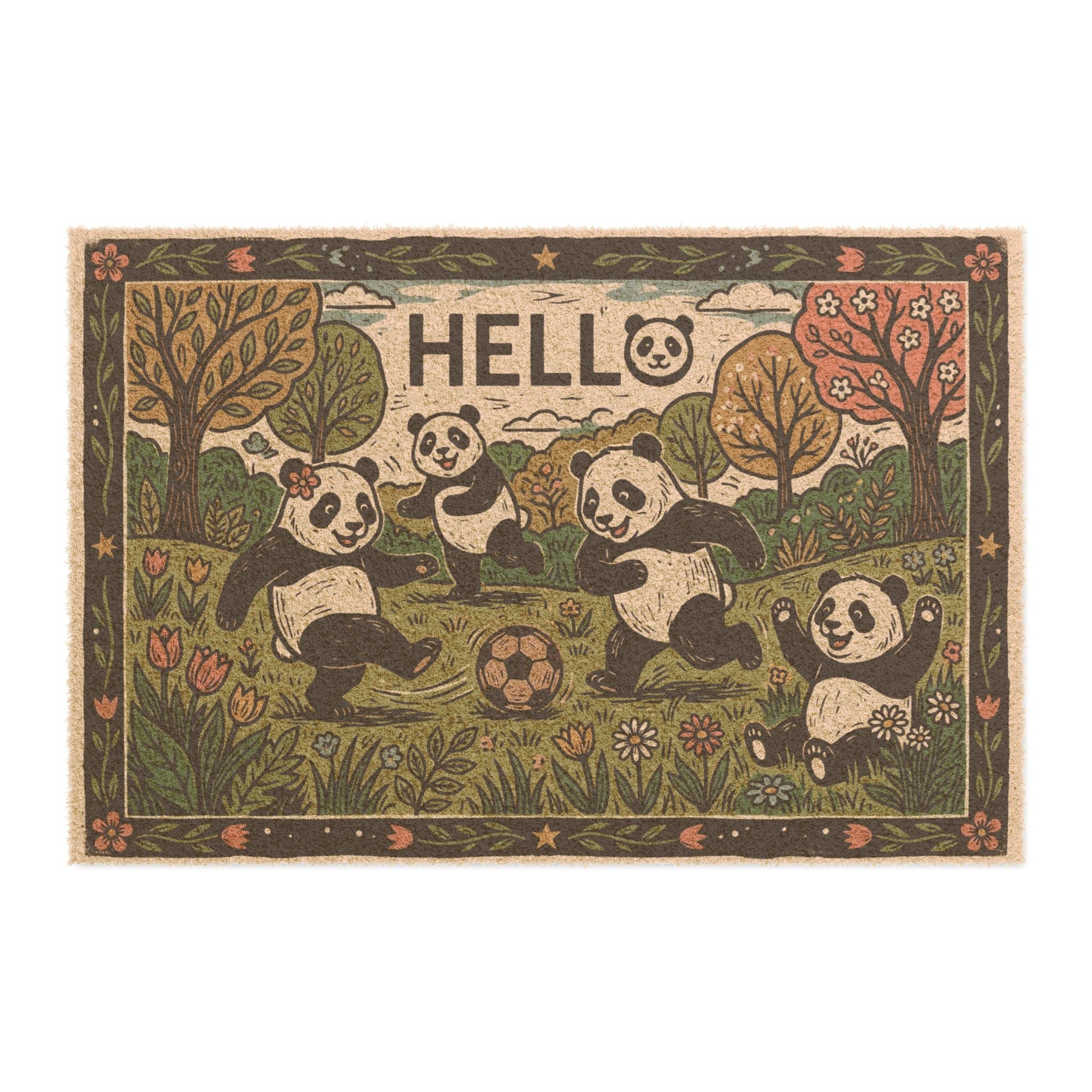Retro Linocut Spring Pandas Soccer Doormat