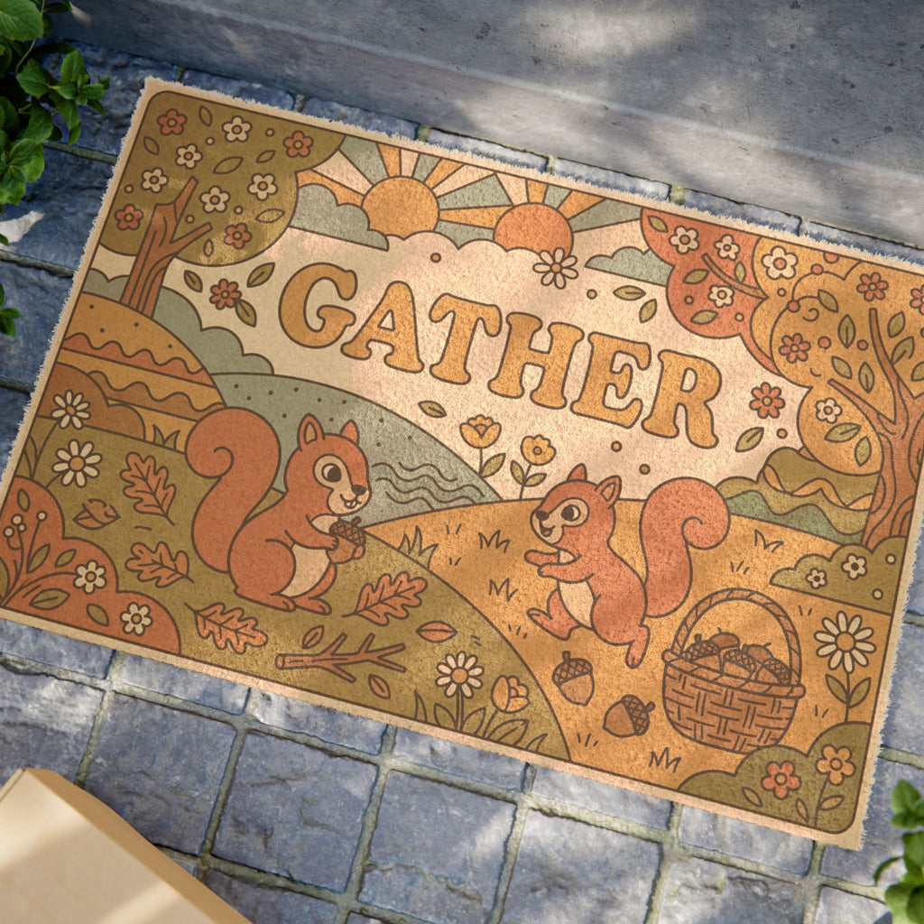 Retro 70s Cozy Squirrels Gather Doormat