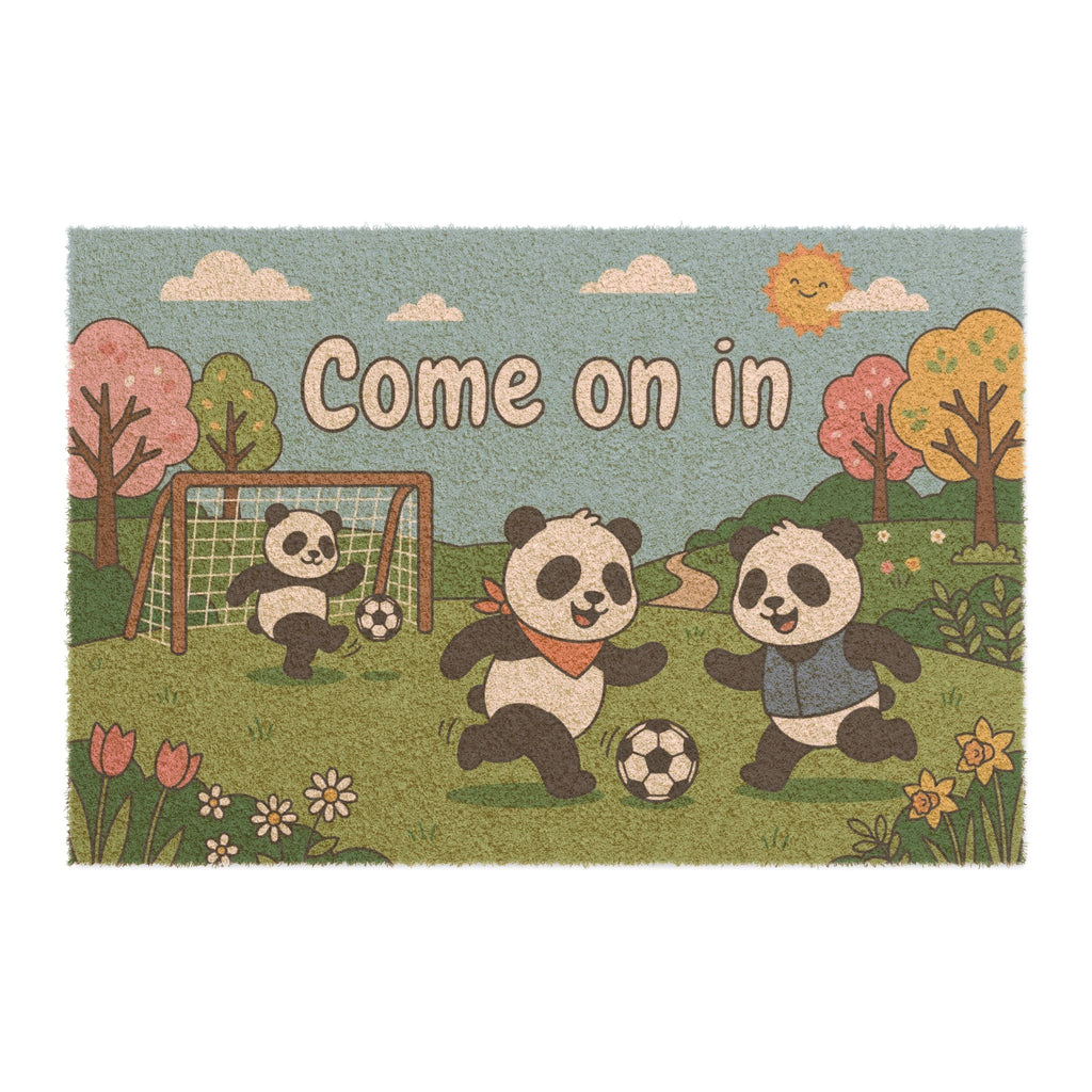 Playful Pandas Spring Soccer Welcome Doormat