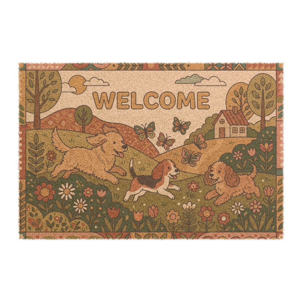 Retro Springtime Playful Pups Welcome Doormat