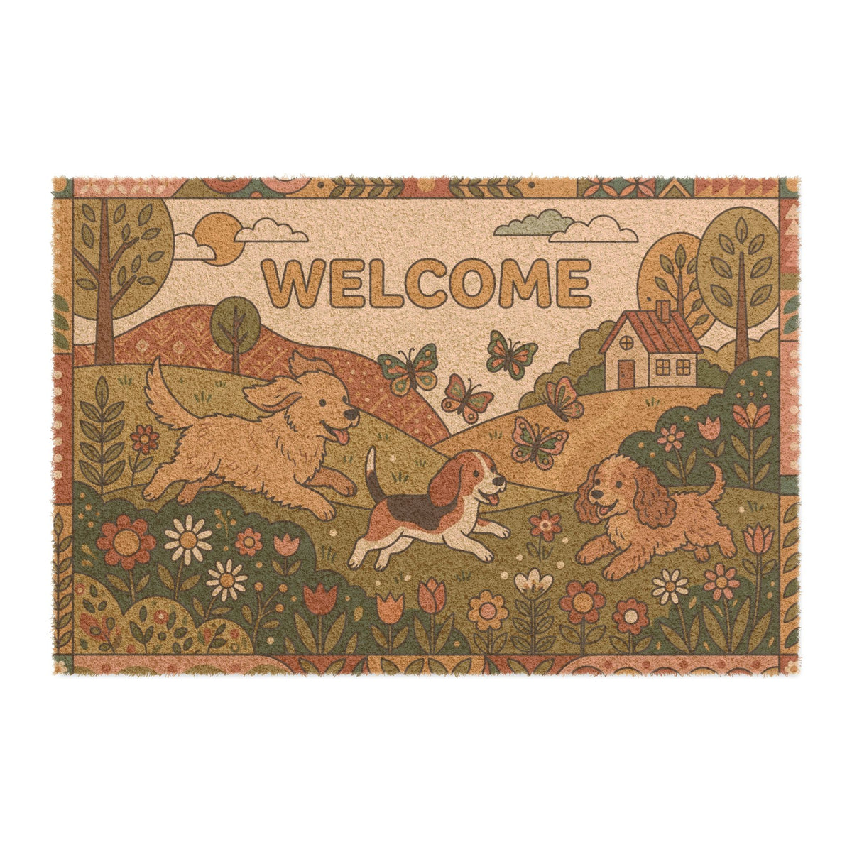 Retro Springtime Playful Pups Welcome Doormat