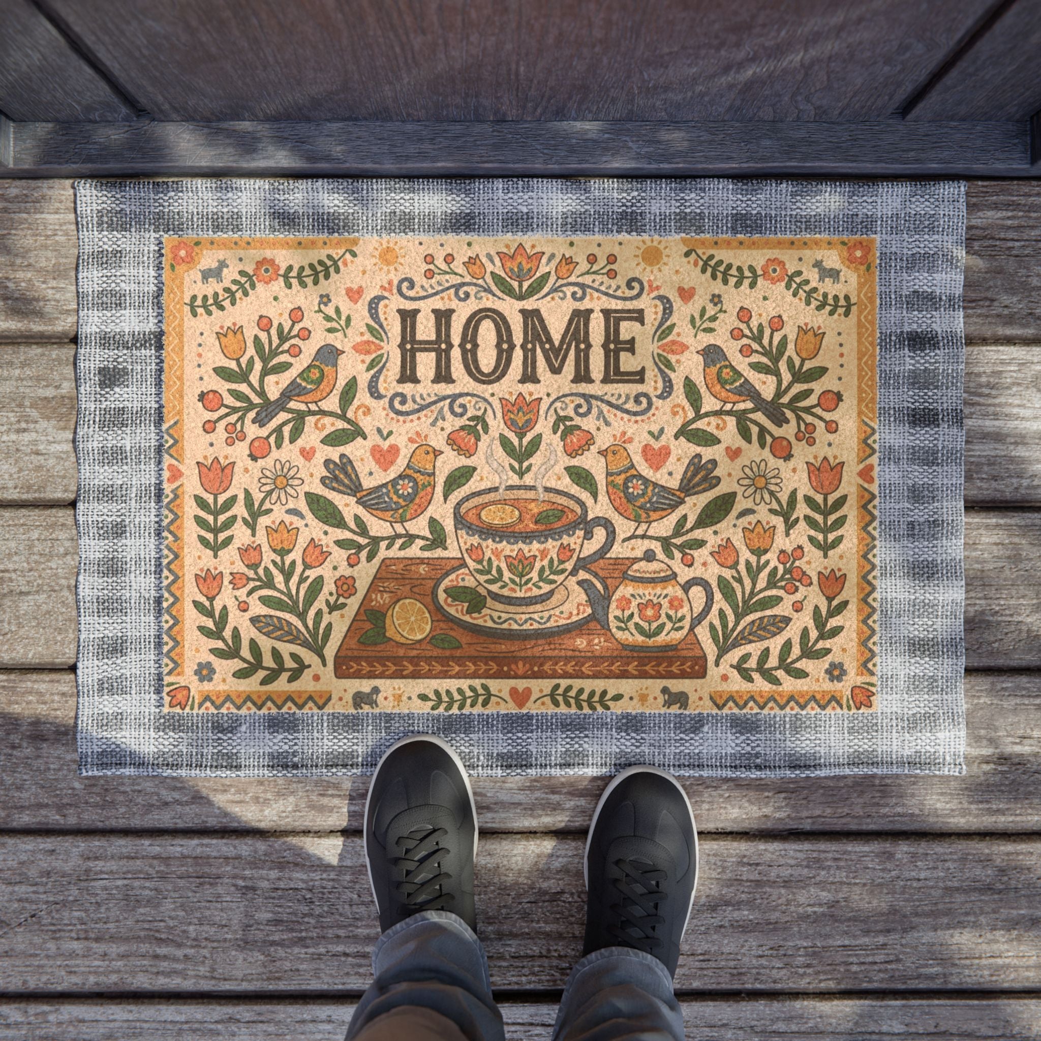 Nordic Folk Art Cozy Tea & Home Doormat