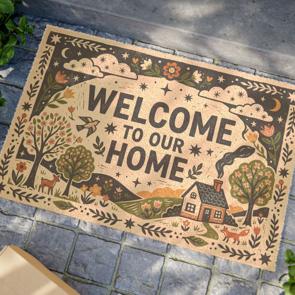 Cozy Folk Linocut Cottage Welcome Doormat