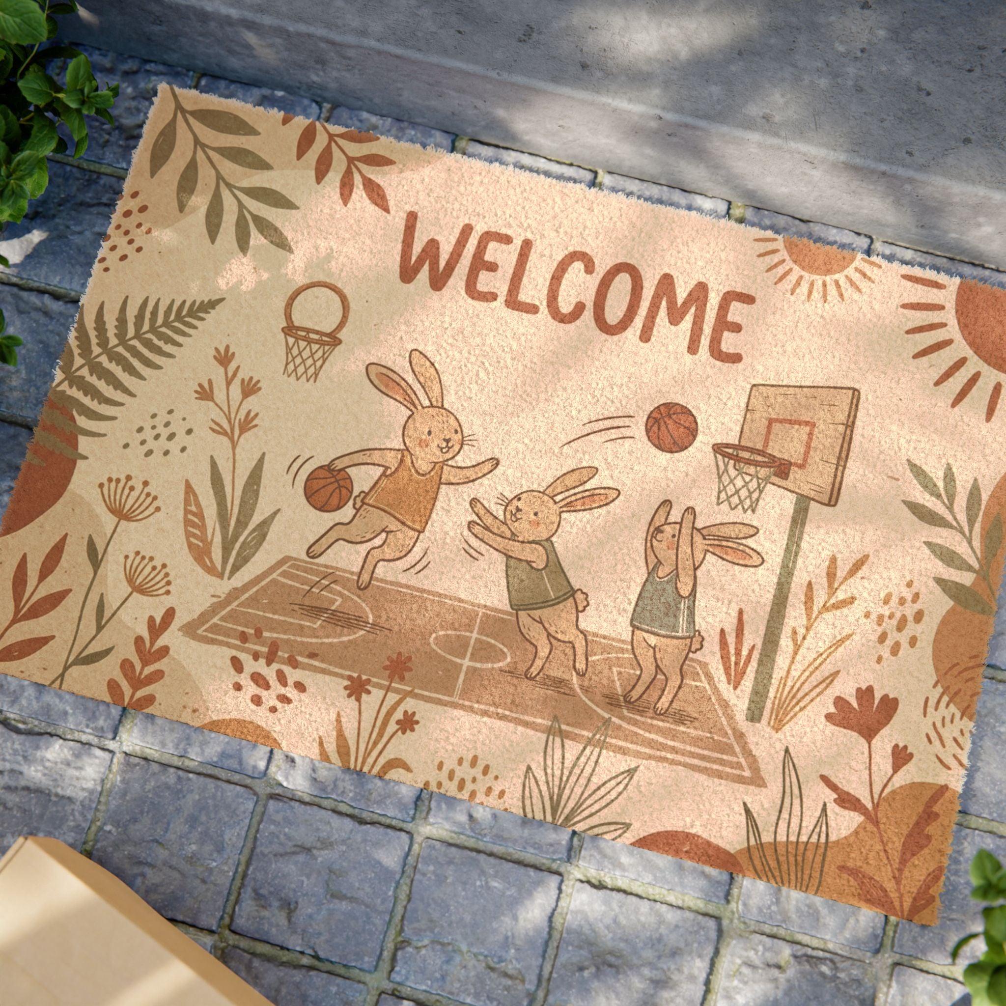 Boho Basketball Bunnies Summer Welcome Mat