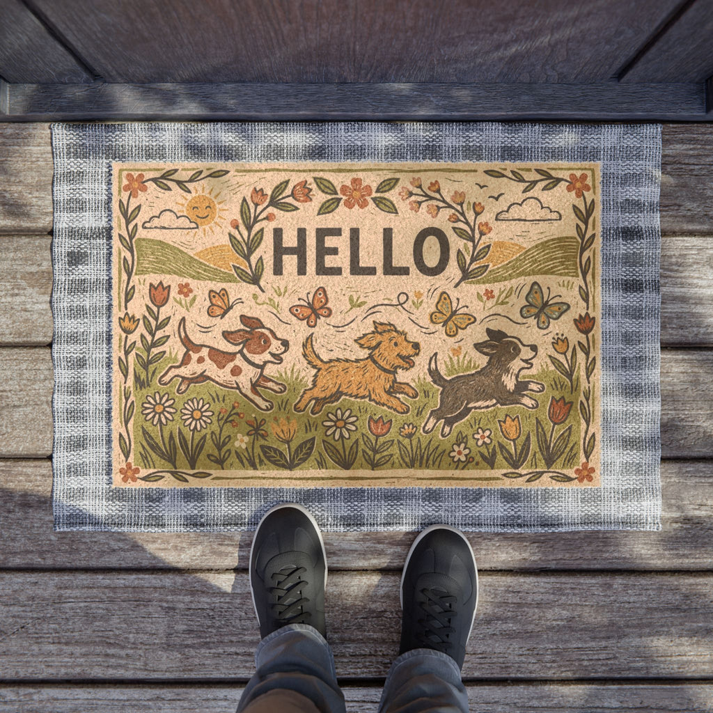 Retro Blockprint Playful Puppies Hello Doormat