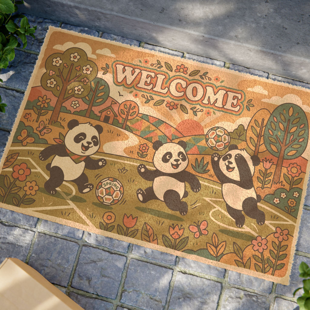 Groovy Retro Pandas Spring Soccer Welcome Mat