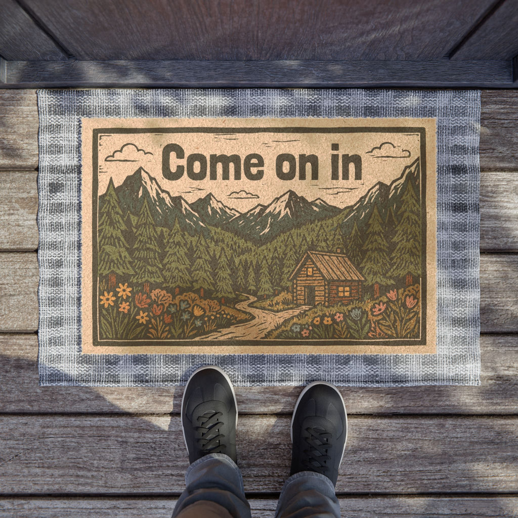 Cozy Mountain Cabin Linocut Welcome Doormat