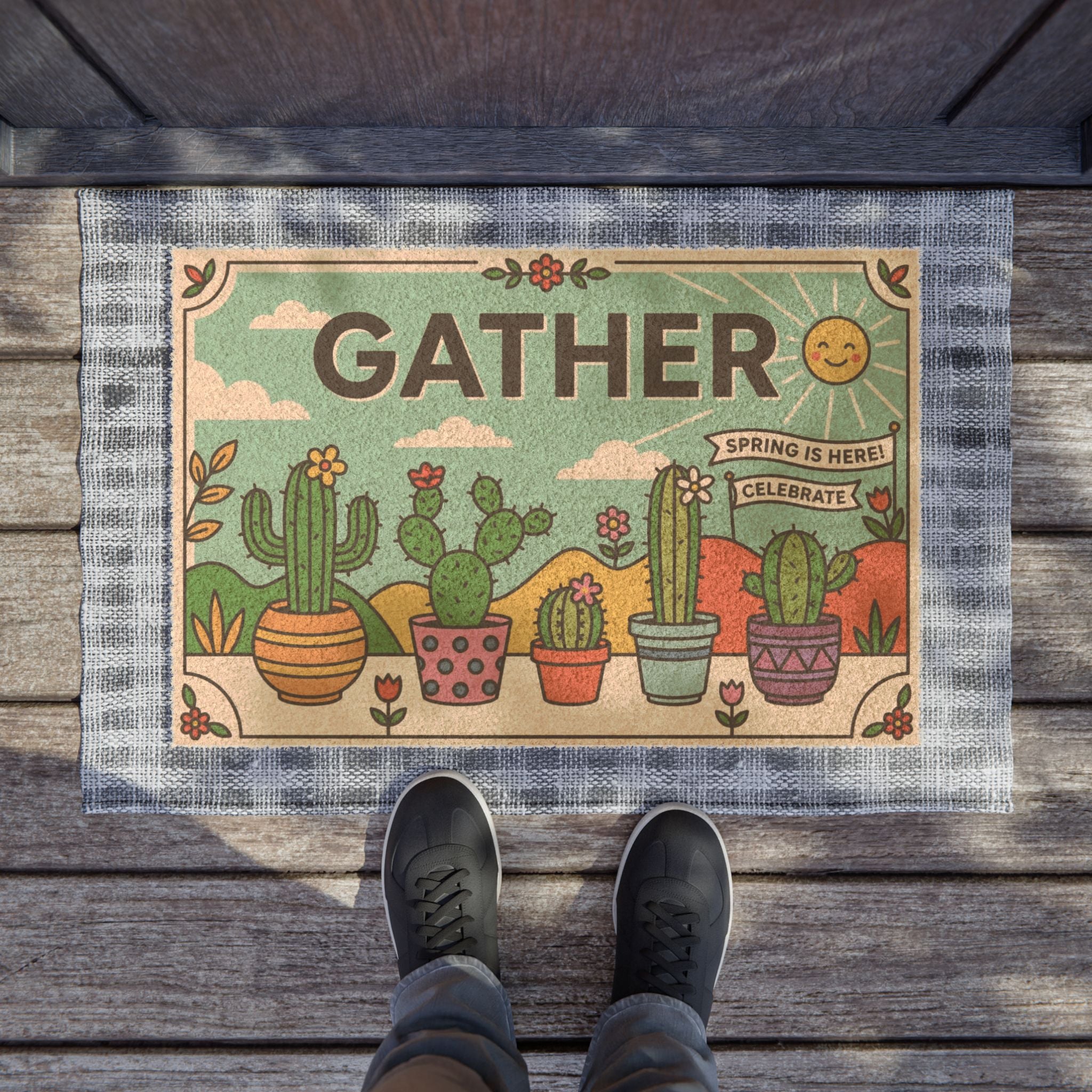 Retro Pop Cactus Garden Gather Welcome Mat