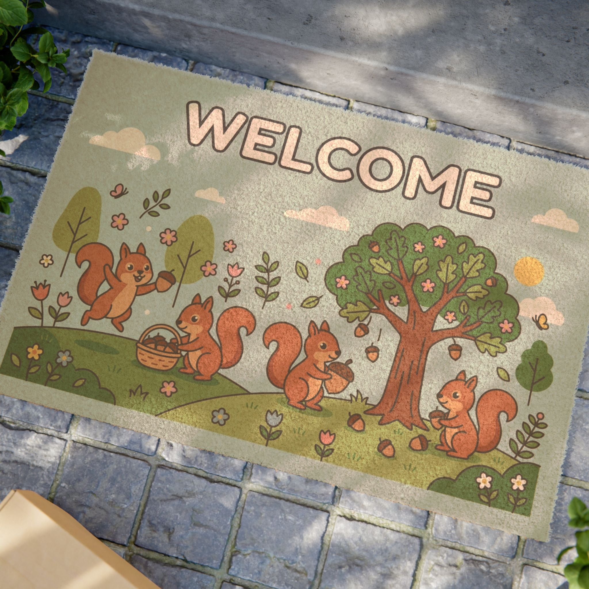 Spring Squirrels Welcome Doormat