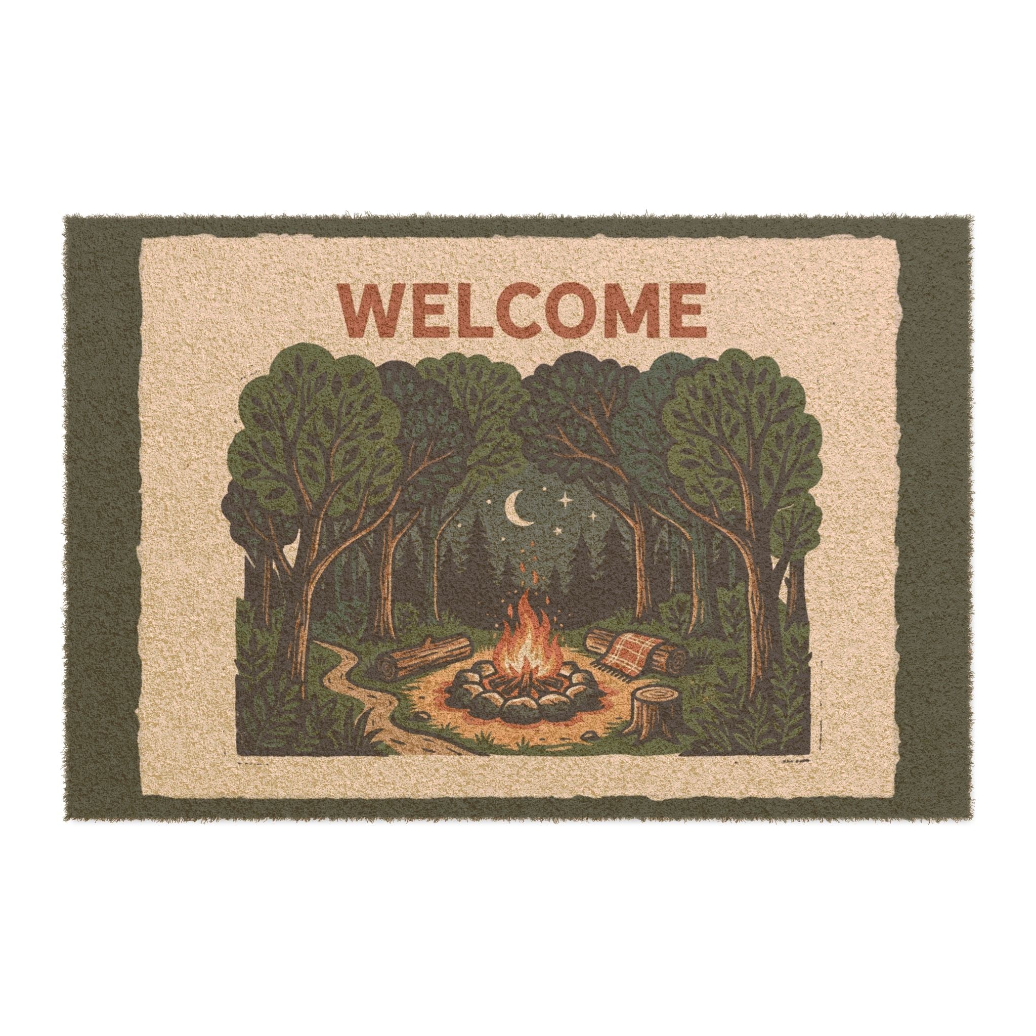 Cozy Forest Campfire Blockprint Welcome Mat