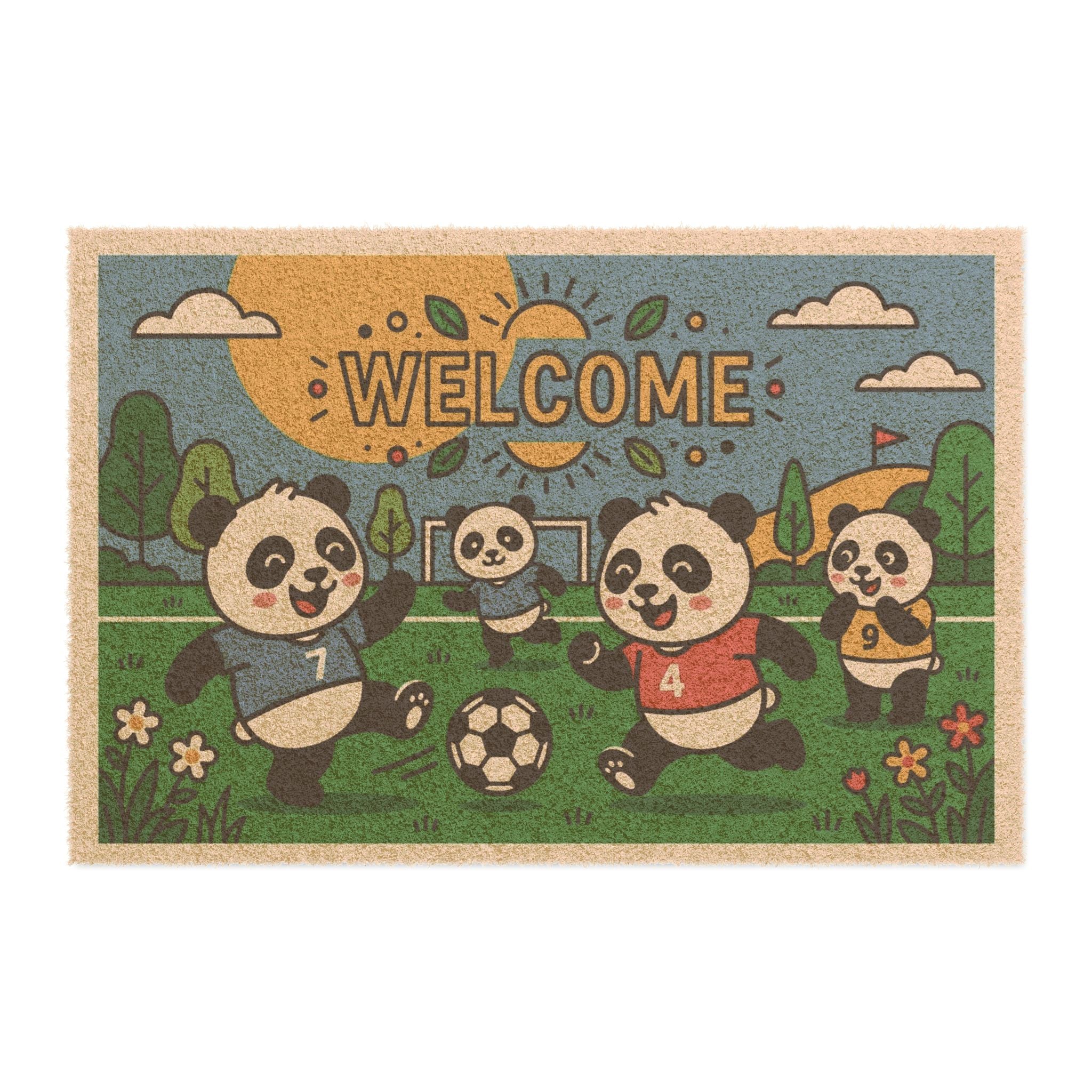 Playful Pop Art Soccer Pandas Welcome Doormat