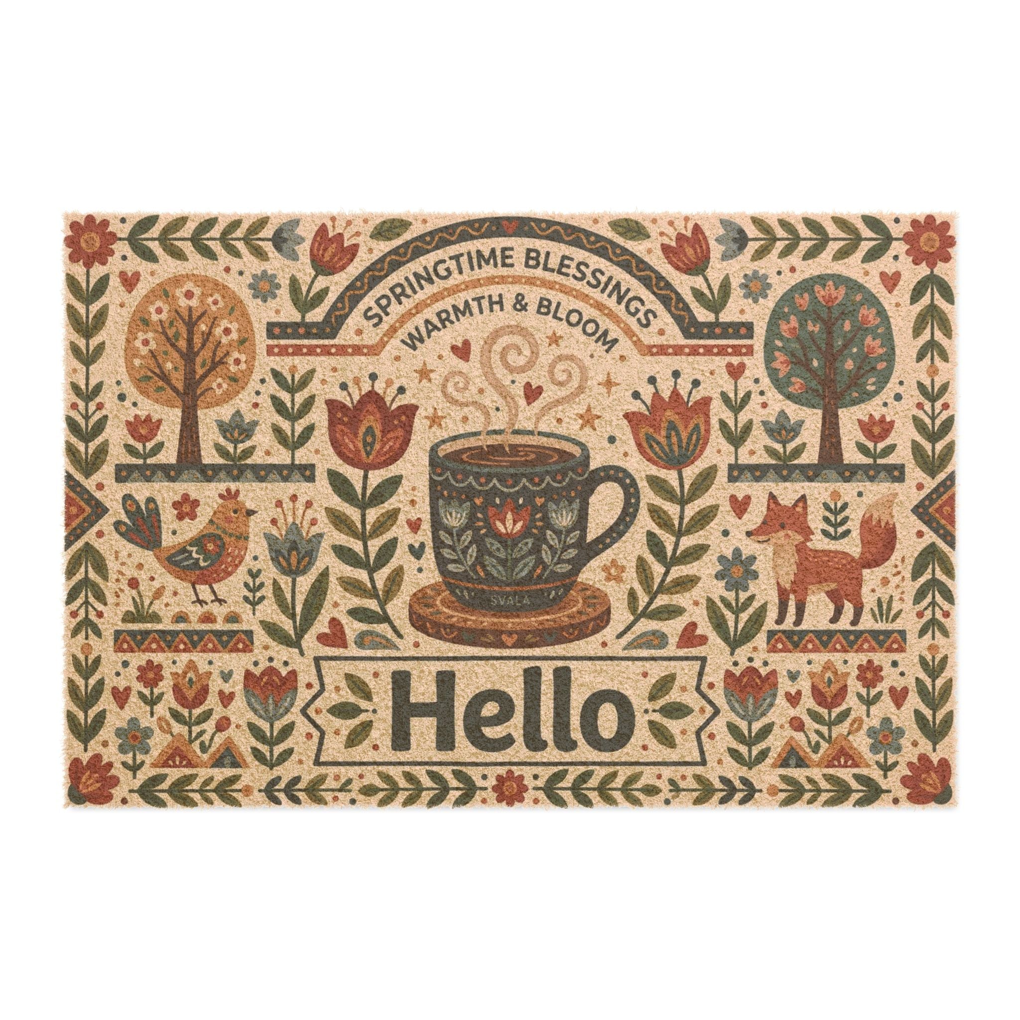 Cozy Nordic Folk Art Spring Hello Doormat