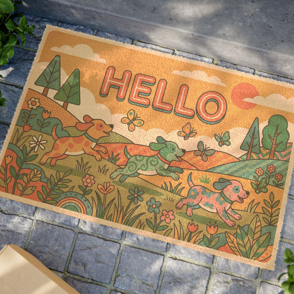 Groovy Retro Hello Sunshine Puppies Doormat