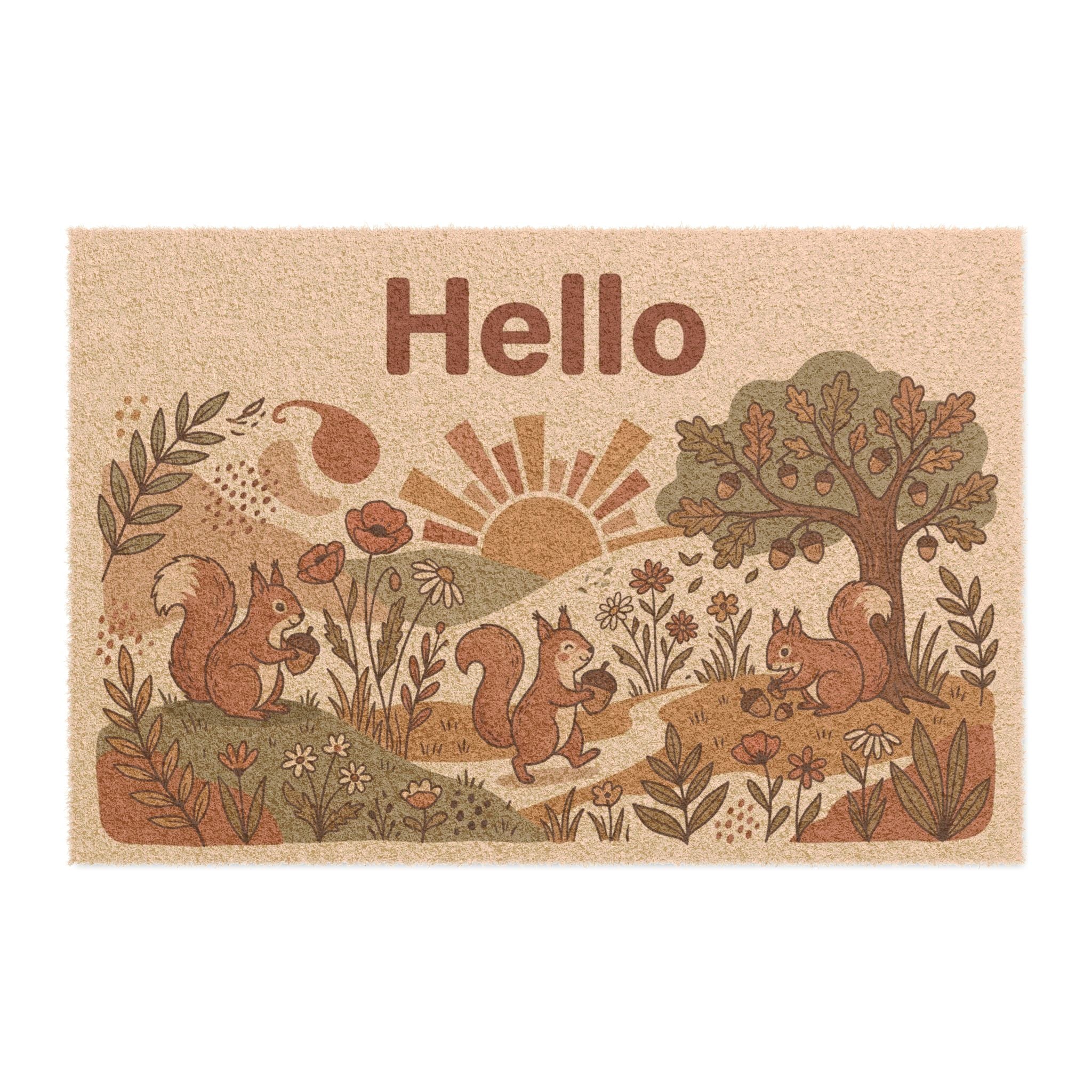 Retro Cozy Forest Squirrels Hello Wall Art