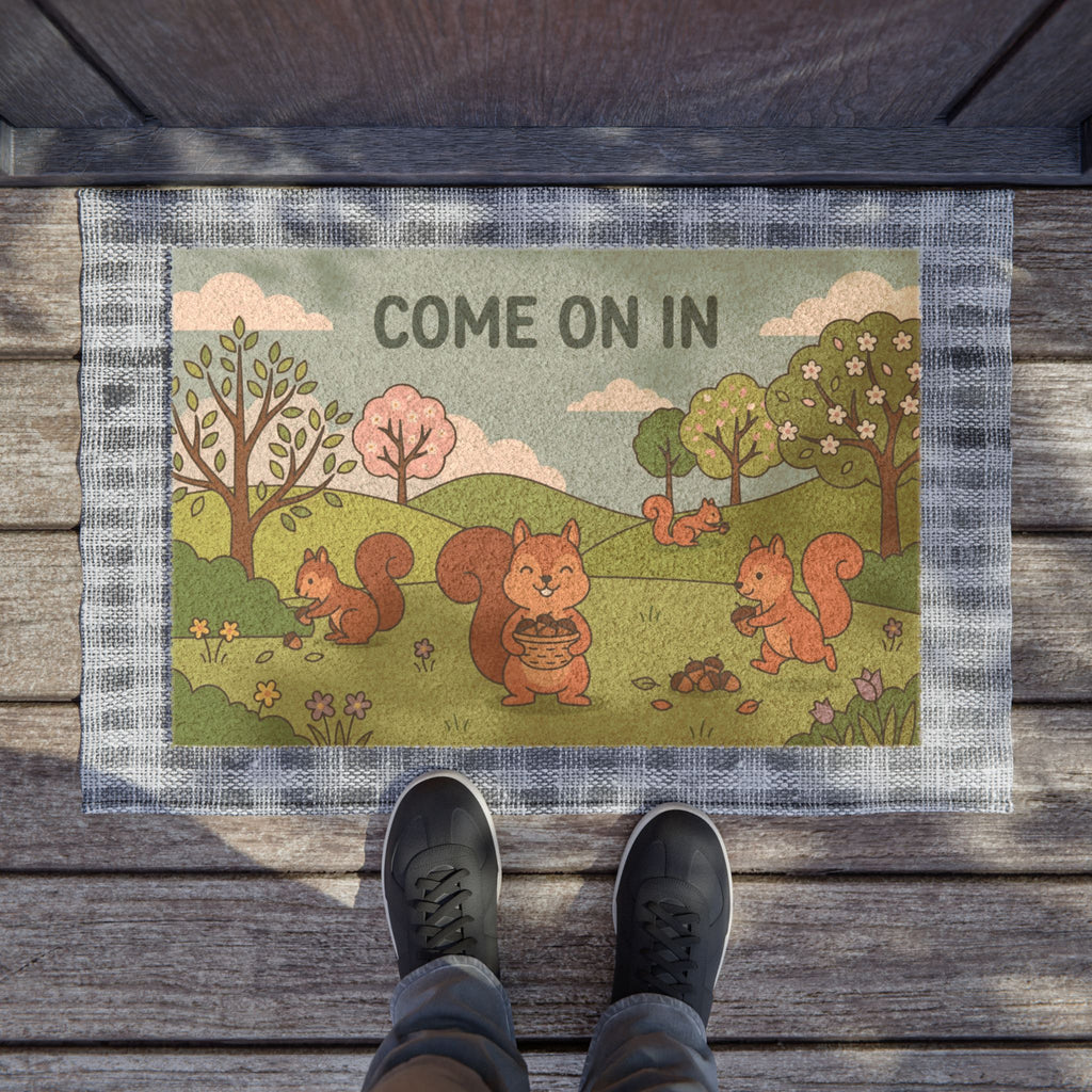 Whimsical Spring Squirrels Welcome Doormat