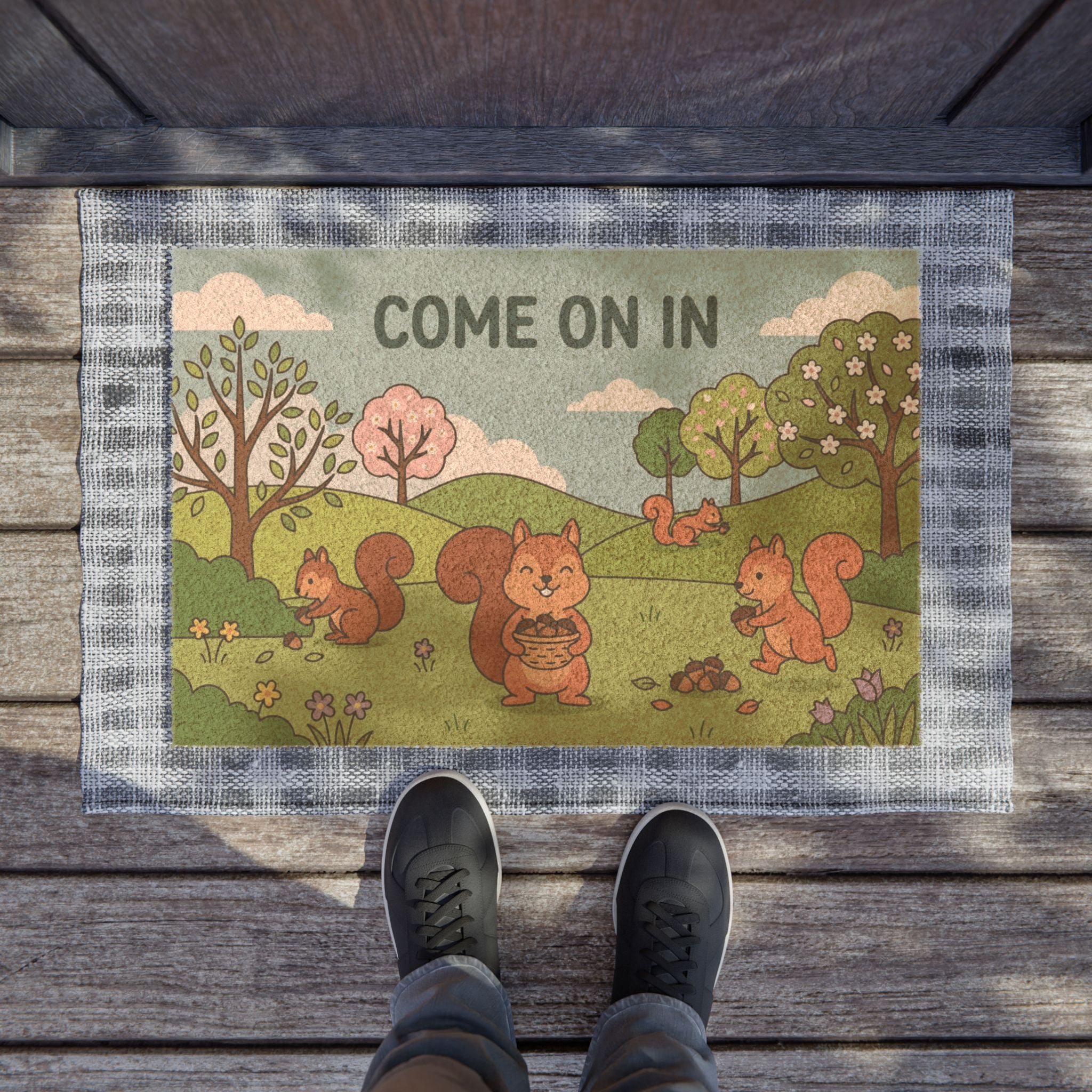 Whimsical Spring Squirrels Welcome Doormat