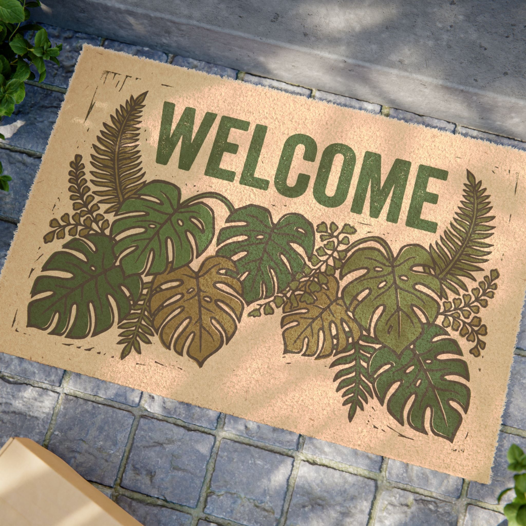 Lush Linocut Botanical Welcome Mat