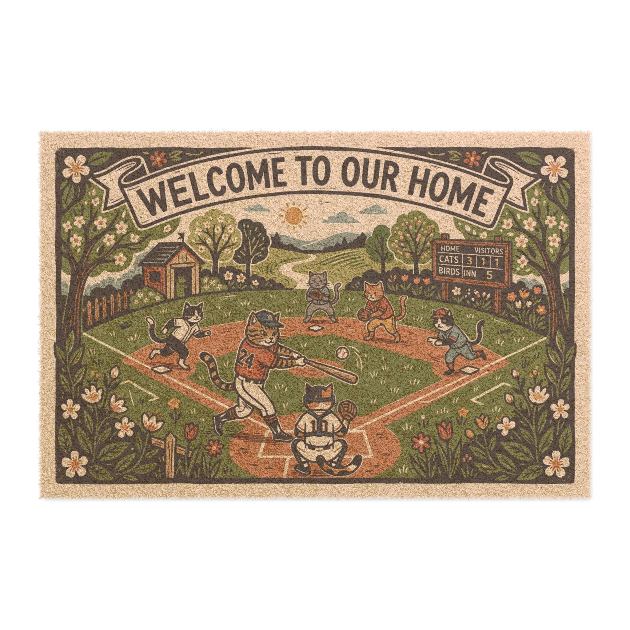 Retro Linocut Baseball Cats Welcome Doormat