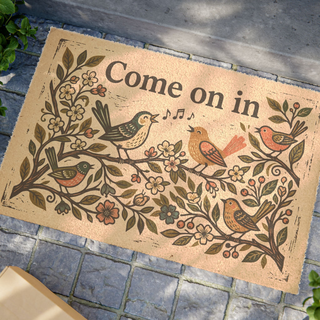 Blockprint Spring Songbirds Welcome Doormat
