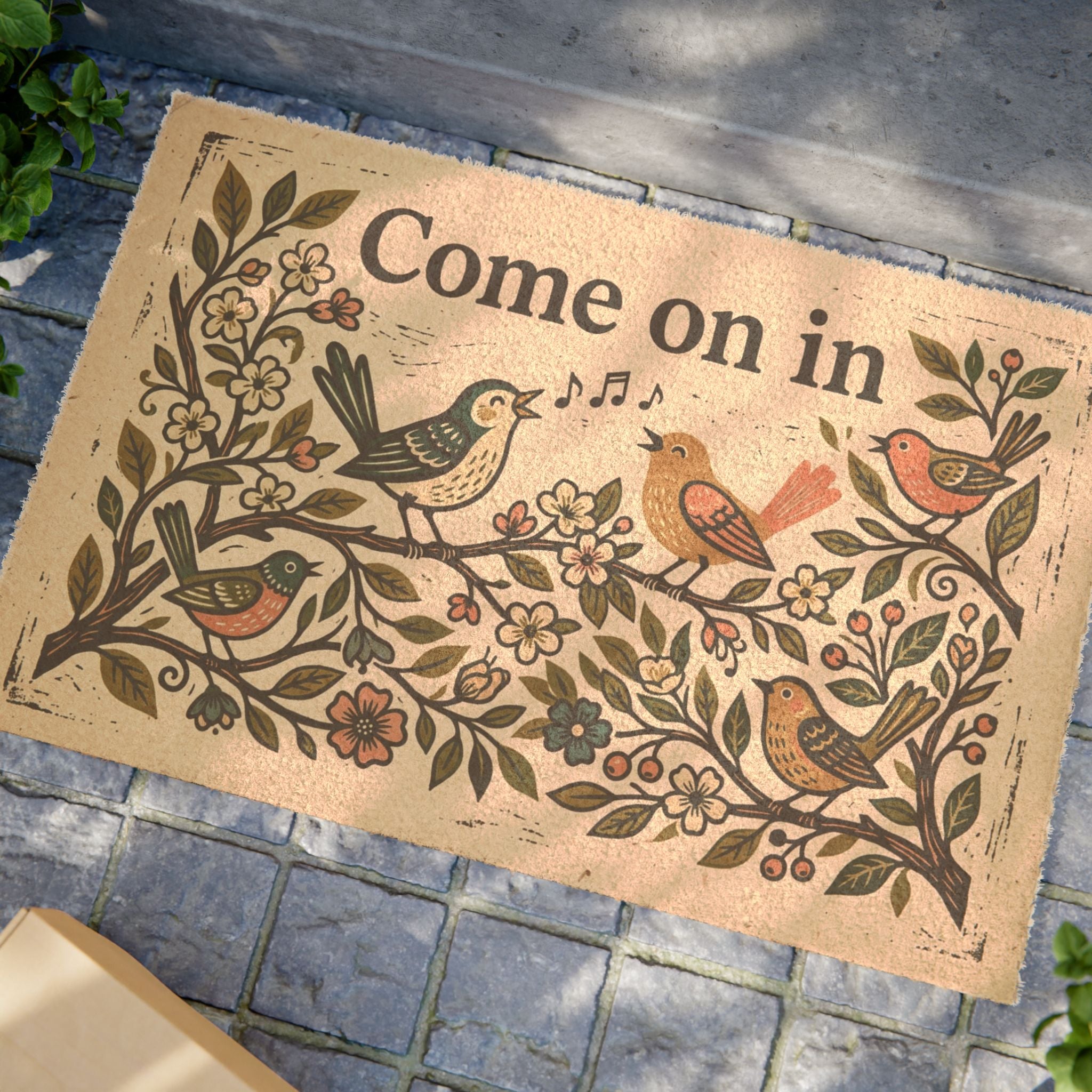 Blockprint Spring Songbirds Welcome Doormat
