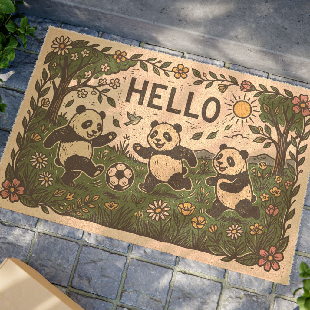 Playful Pandas Spring Soccer Linocut Doormat