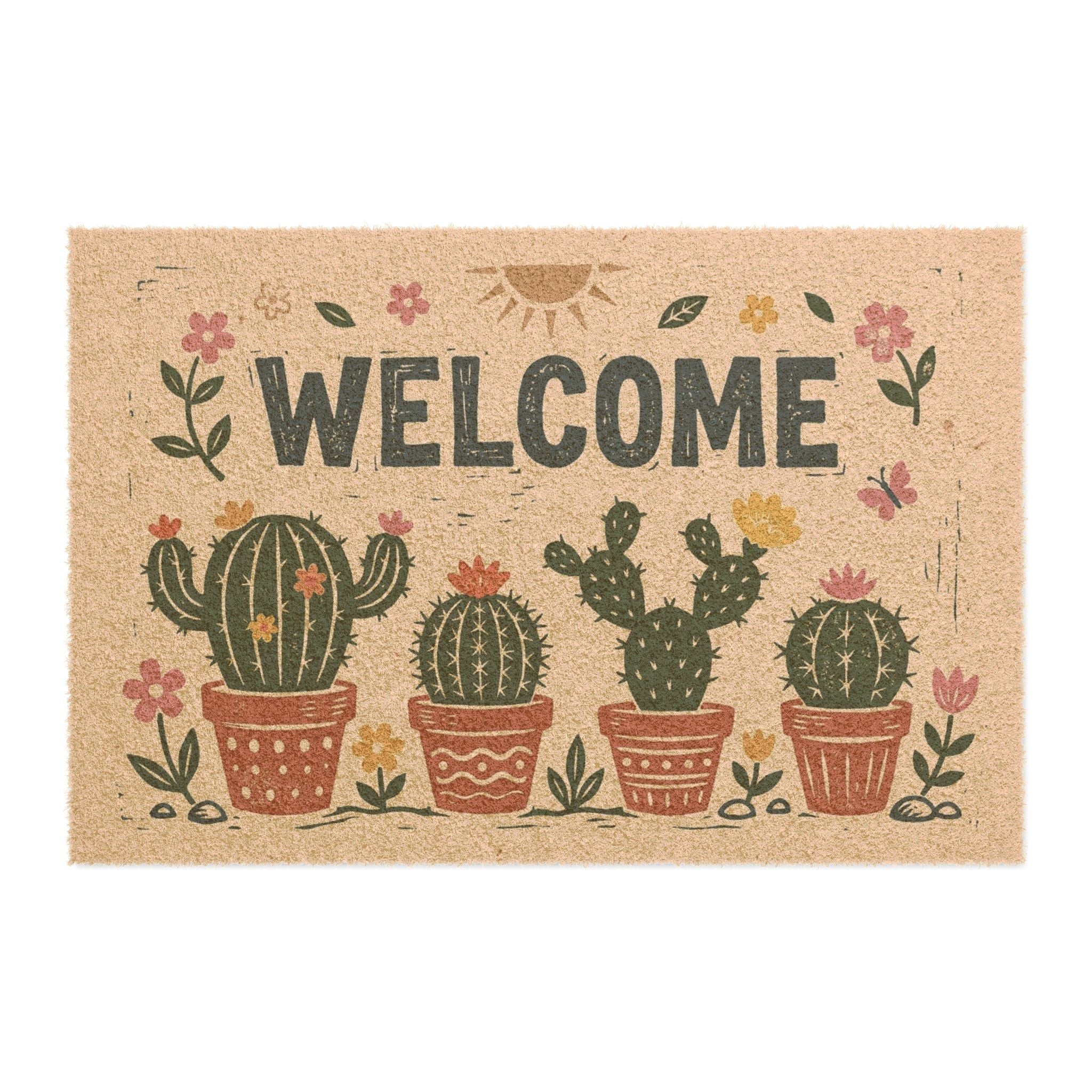 Cozy Desert Blooms Linocut Welcome Doormat