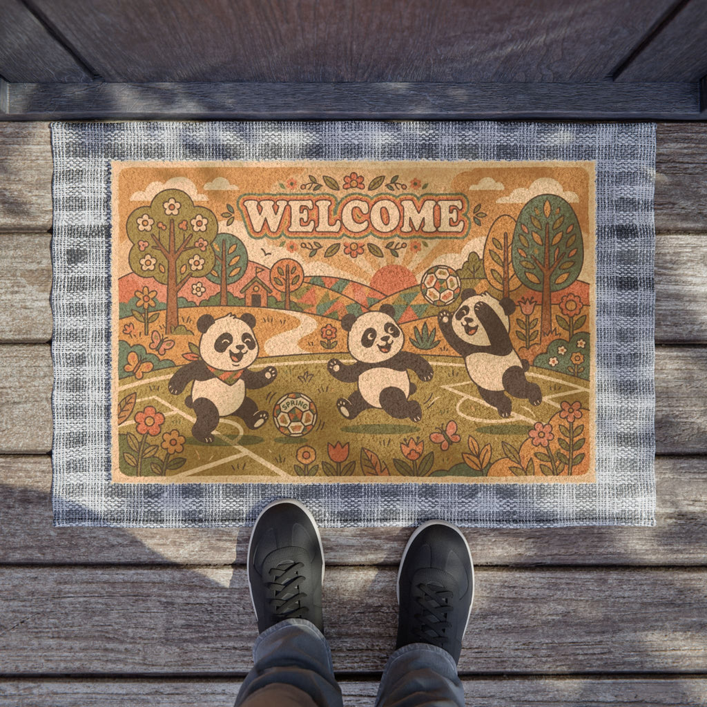 Groovy Retro Pandas Spring Soccer Welcome Mat