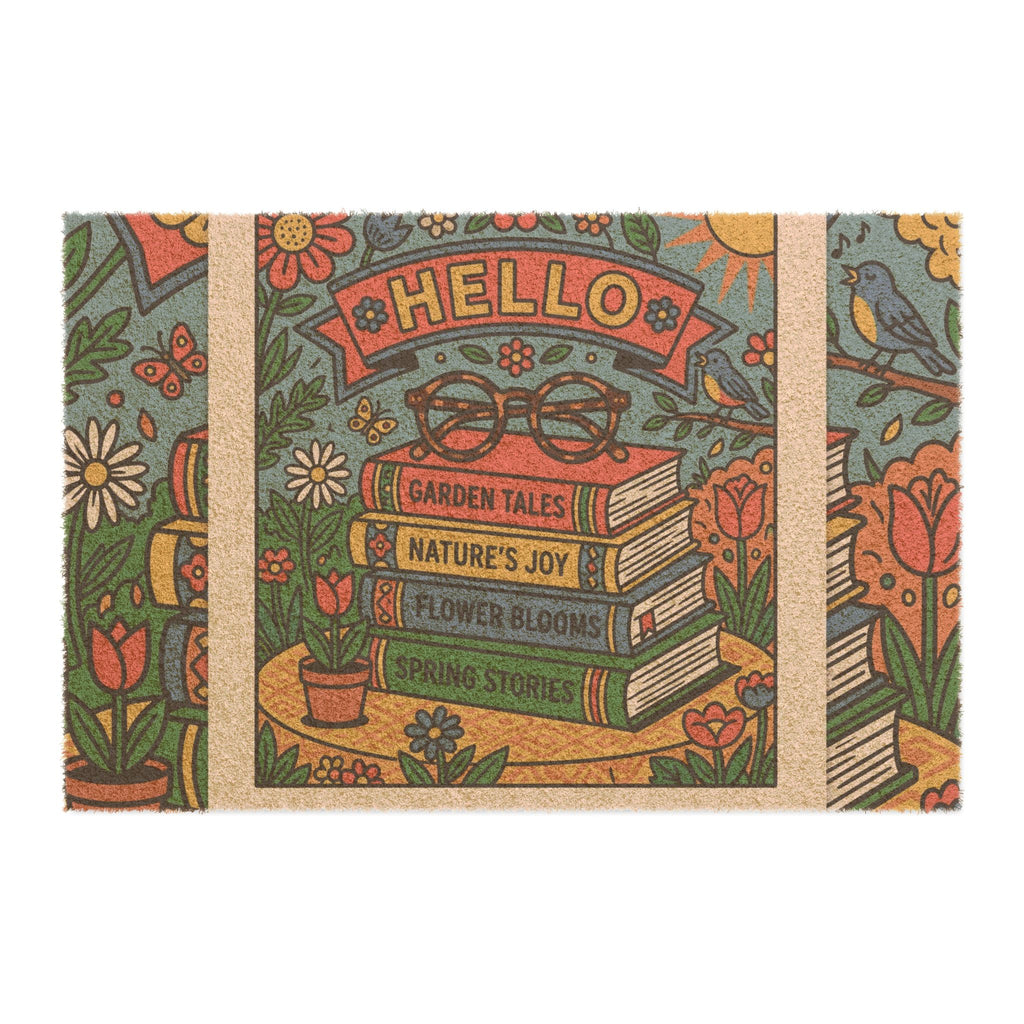 Retro Hello Spring Bookworm Welcome Doormat
