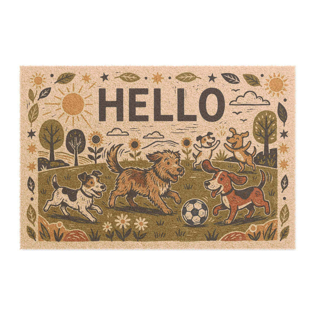 Playful Linocut Pups Summer Welcome Mat
