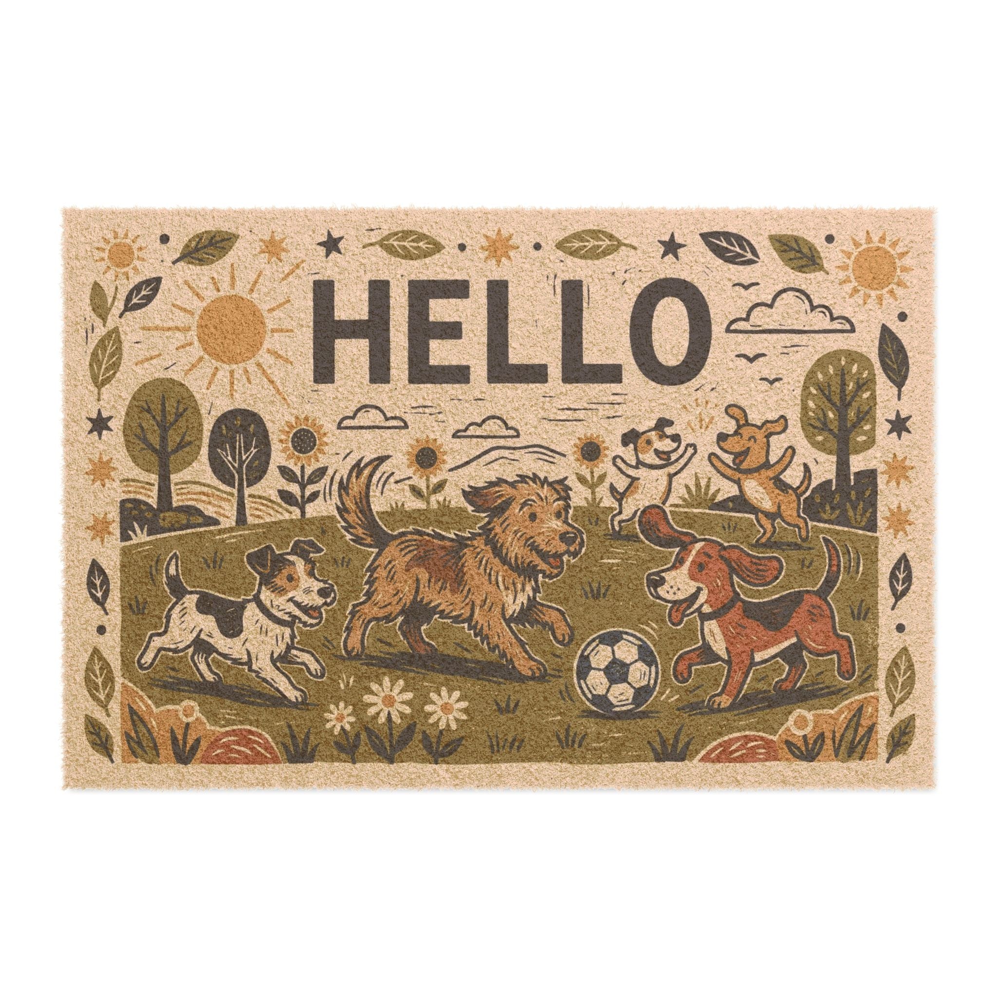 Playful Linocut Pups Summer Welcome Mat