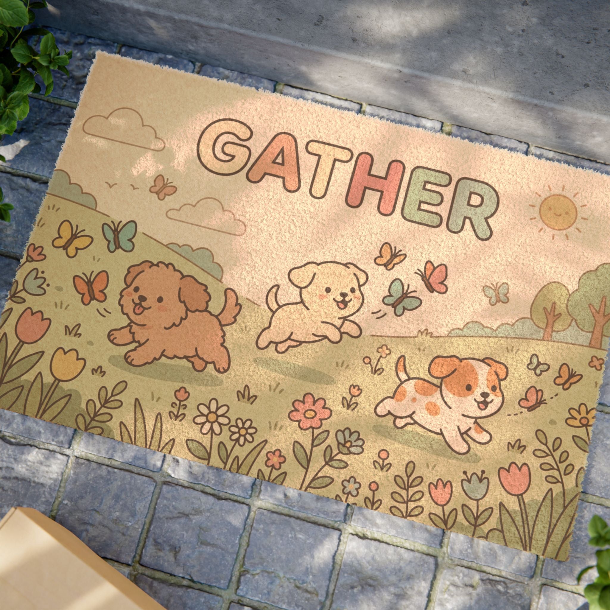 Kawaii Puppies Spring Gathering Welcome Doormat