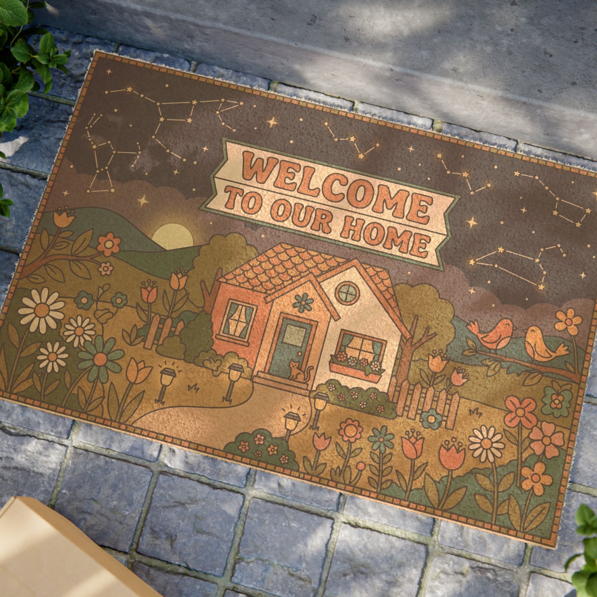 Retro Celestial Cottage Garden Welcome Doormat